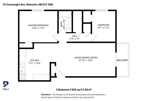 Floor plan for 2 beds, 1 bath, 859 sqft